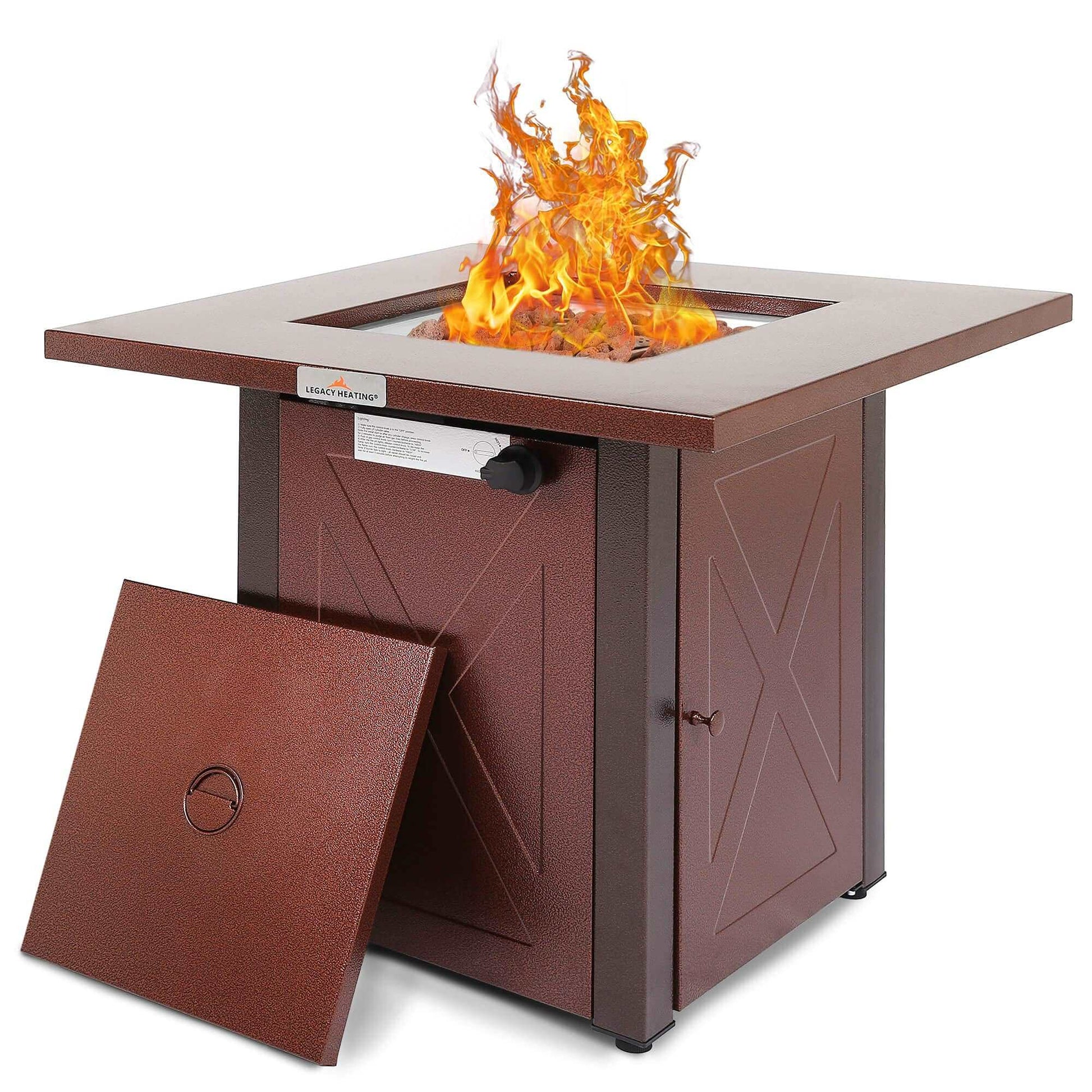 28" 50000 BTU Outdoor Propane Gas Fire Pits Table, Square Brown Texture Outdside Patio Firepits Fireplace Dinning Coffee Tables with Lid & Lava Rock, ETL-Certified, Fit for Courtyard, Patio,  - Aurelia Clothing