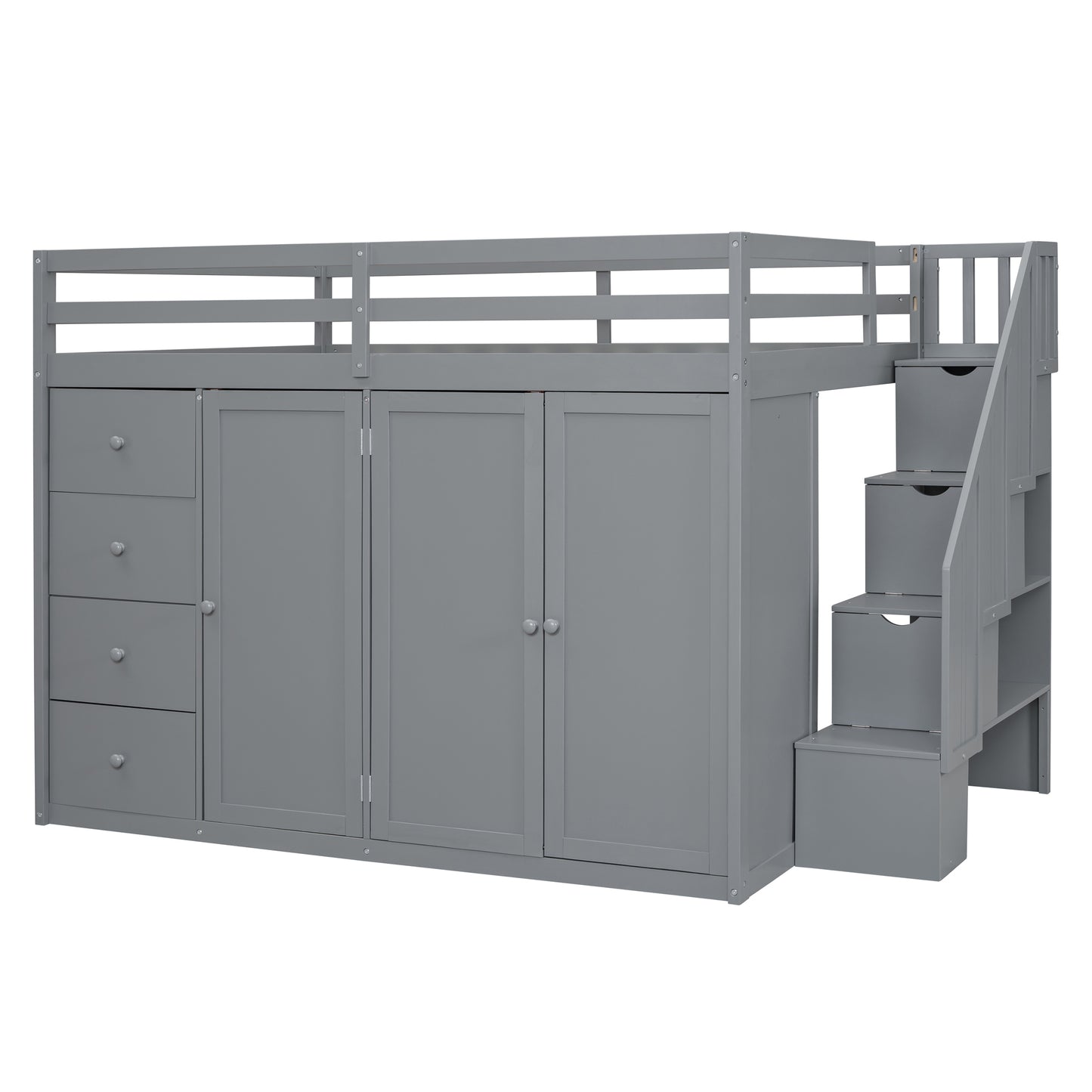 Full Size Wood Loft Bed With Built-in Wardrobes, Cabinets and Drawers, Gray - Free Shipping - Aurelia Clothing