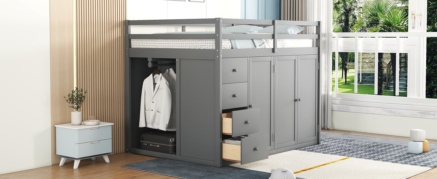 Full Size Wood Loft Bed With Built-in Wardrobes, Cabinets and Drawers, Gray - Free Shipping - Aurelia Clothing