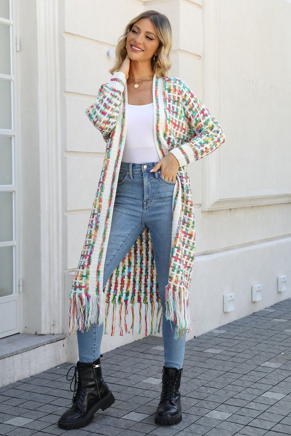 Multicolored Open Front Fringe Hem Cardigan - Aurelia Clothing