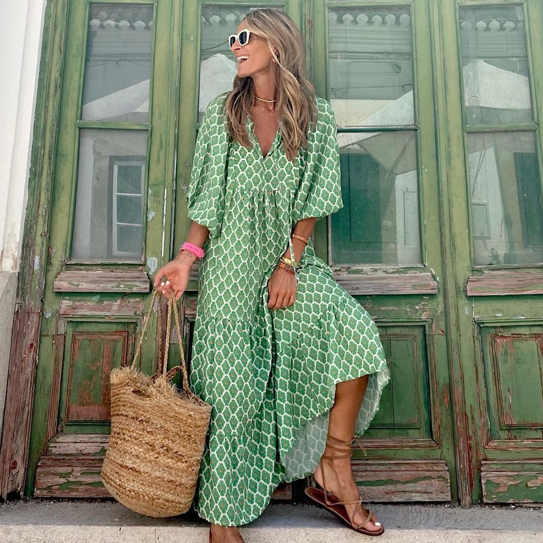 Summer Women's Vintage Printed Bohemian Dress Elegant Ladies Casual Loose V-Neck Short Sleeve Long Dresses - Free Shipping - Aurelia Clothing