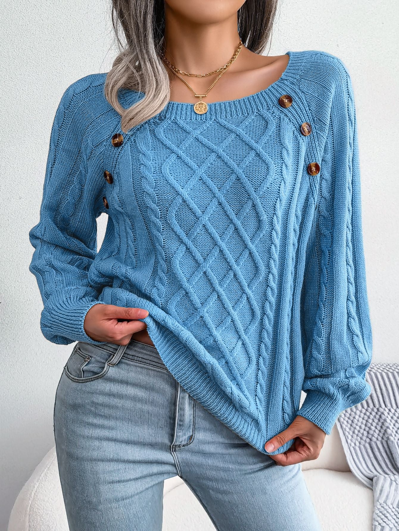 Solid Cable Knit Sweater, Casual Crew Neck Long Sleeve Sweater Women's Clothing - Free Shipping - Aurelia Clothing