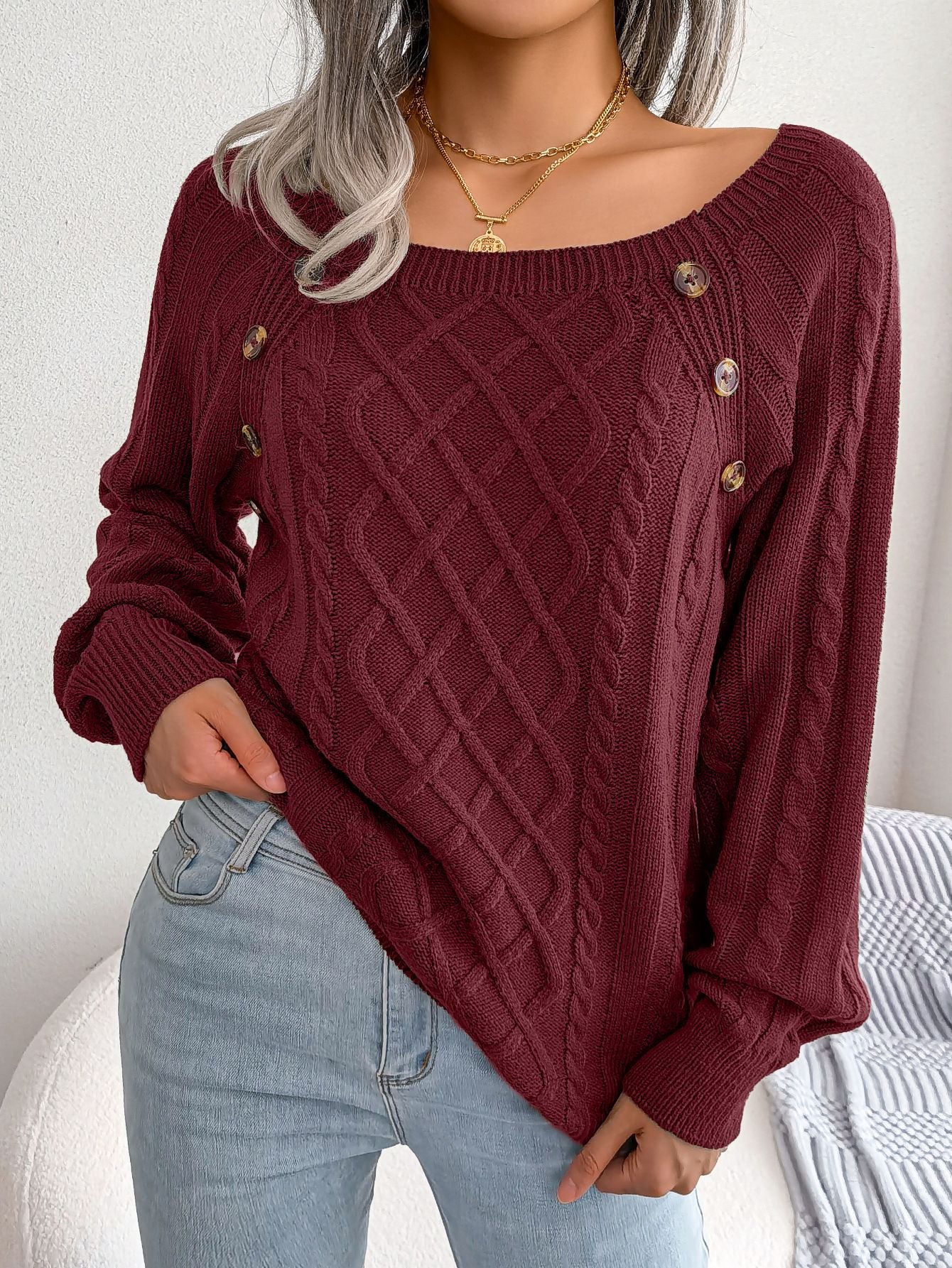 Solid Cable Knit Sweater, Casual Crew Neck Long Sleeve Sweater Women's Clothing - Free Shipping - Aurelia Clothing