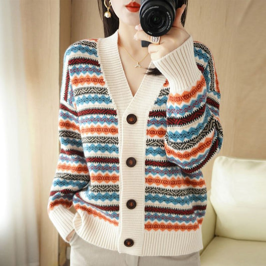 Stripes Open Front Contrast Trim Coat Casual V Neck Long Sleeve Cardigans Top For Spring & Fall Women's Clothing - Free Shipping - Aurelia Clothing