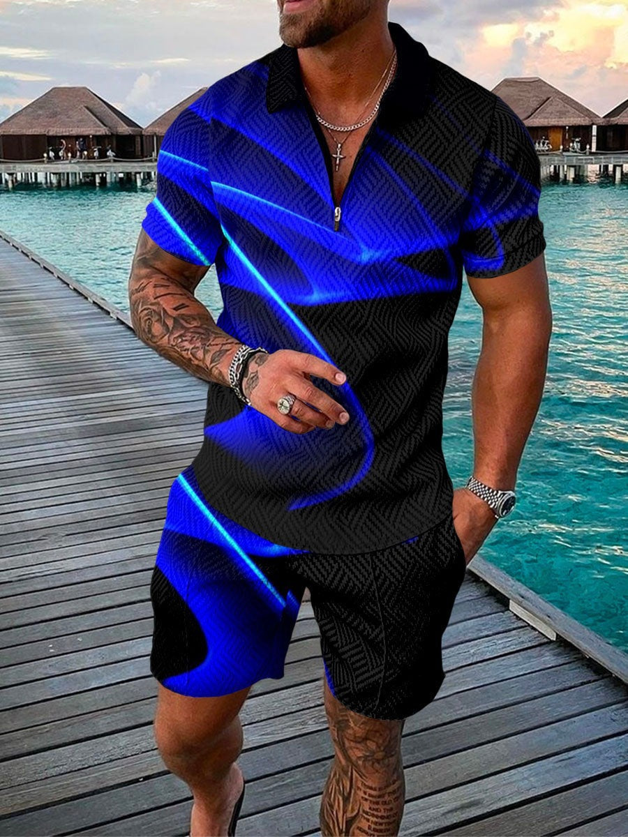 New Men's Fashion Casual Suit 3D Print Zip Short Sleeve Polo Shirt Shorts 2 Piece Set - Free Shipping - Aurelia Clothing