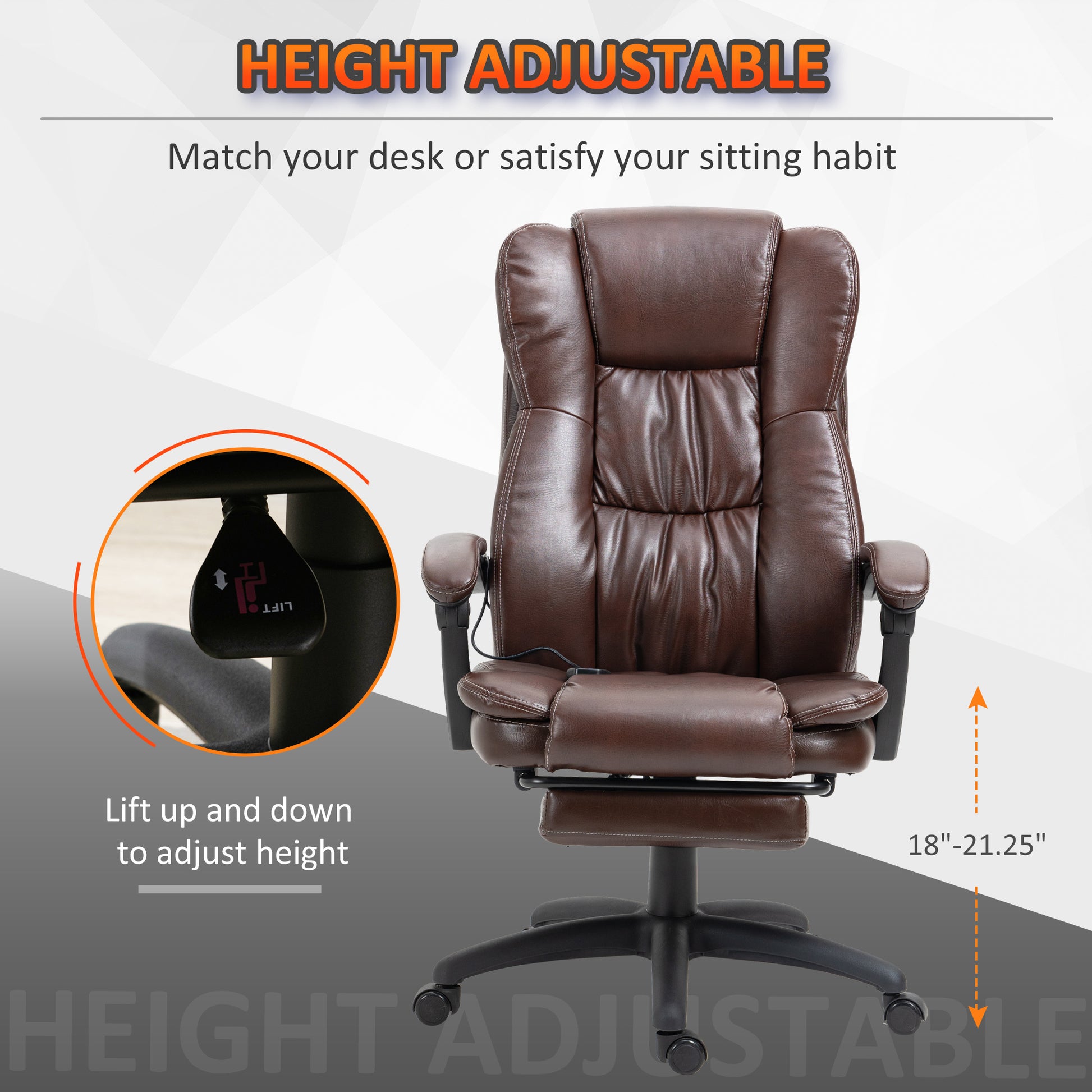 High Back Massage Office Chair with 6-Point Vibration, 5 Modes, Executive Chair, PU Leather Swivel Chair with Reclining Back, and Retractable Footrest, Brown - Free Shipping - Aurelia Clothing