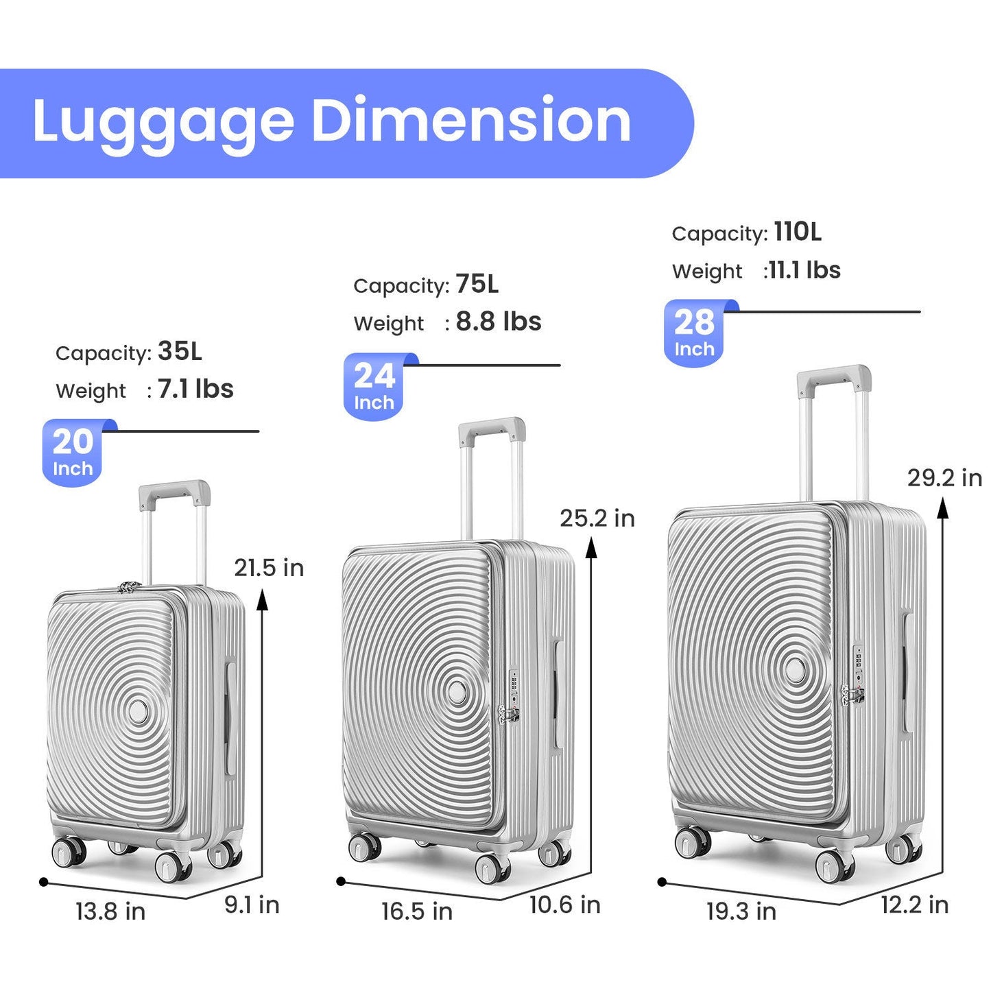 Luggage Sets 3 Piece(20/24/28), Expandable Carry On Luggage with TSA Lock Airline Approved, 100% PC Hard Shell and Lightweight Suitcase with Front Pocket and Spinner Wheels - Free Shipping - Aurelia Clothing