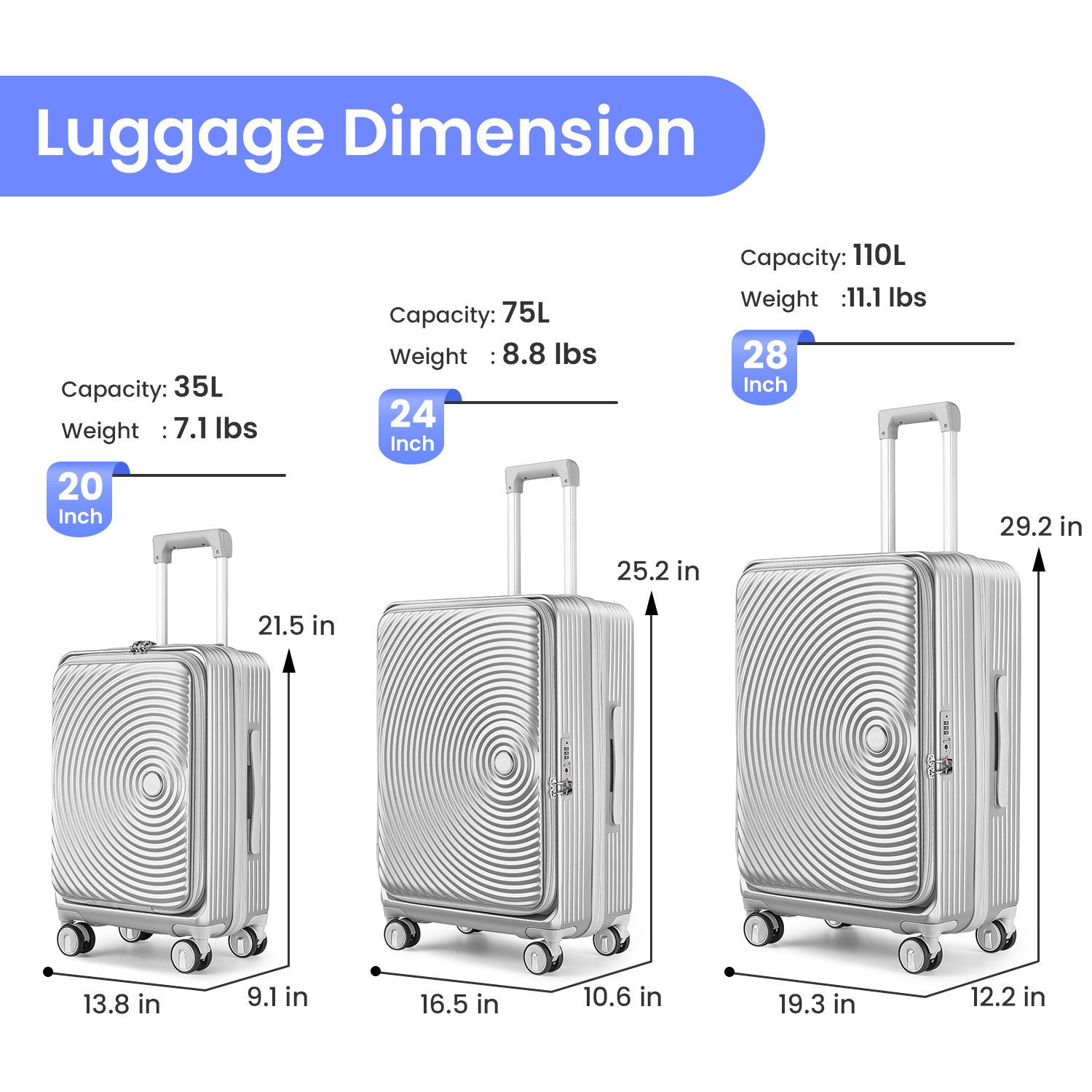 Luggage Sets 3 Piece(20/24/28), Expandable Carry On Luggage with TSA Lock Airline Approved, 100% PC Hard Shell and Lightweight Suitcase with Front Pocket and Spinner Wheels - Free Shipping - Aurelia Clothing