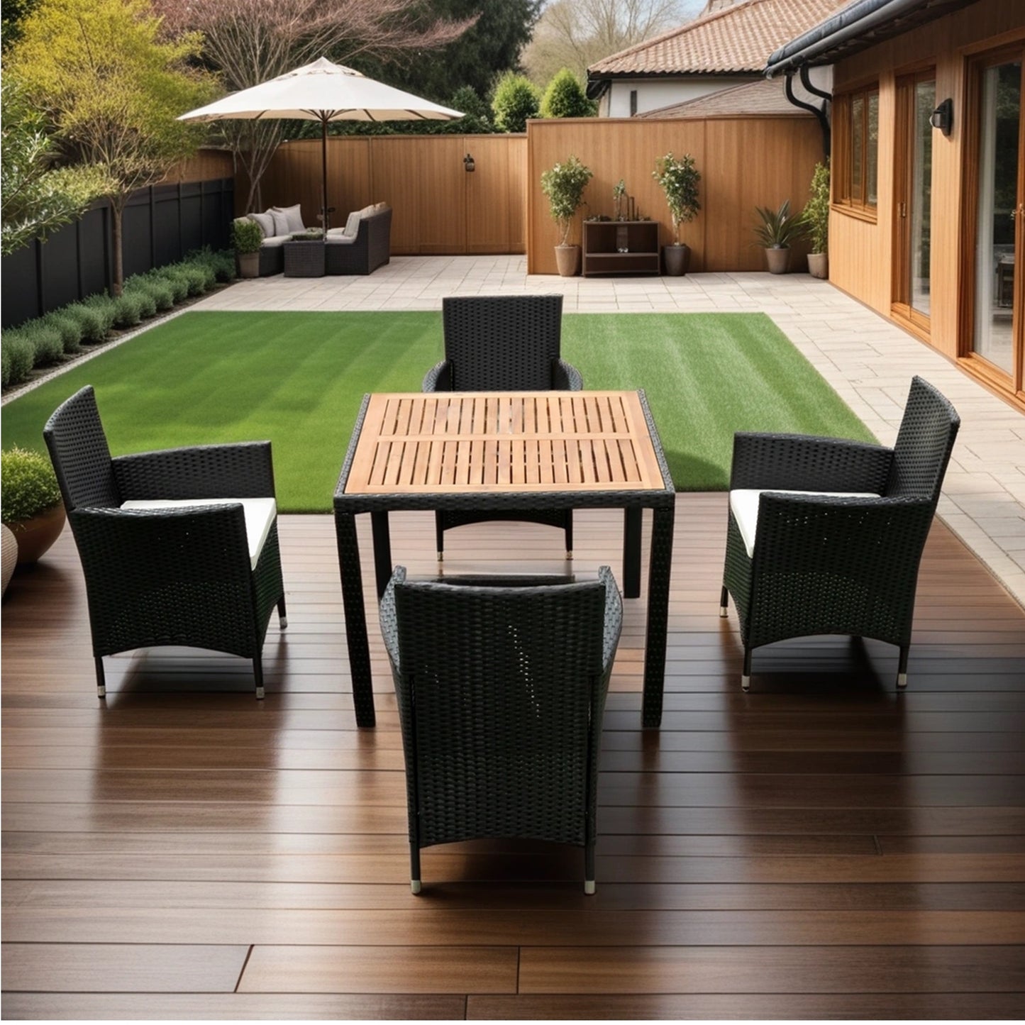 EELIFEE 5 piece Outdoor Patio Wicker Dining Set Patio Wicker Furniture Dining Set w/Acacia Wood Top Black Wicker + Creme Cushion - Free Shipping - Aurelia Clothing