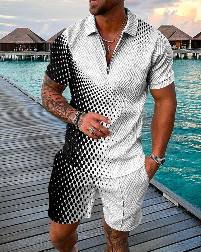 New Men's Fashion Casual Suit 3D Print Zip Short Sleeve Polo Shirt Shorts 2 Piece Set - Free Shipping - Aurelia Clothing