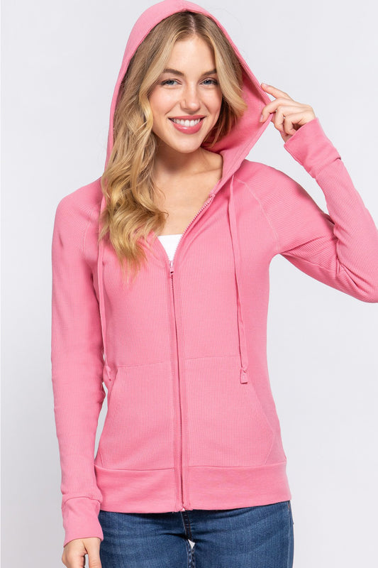 ACTIVE BASIC Waffle Knit Drawstring Zip Up Long Sleeve Hoodie - Aurelia Clothing