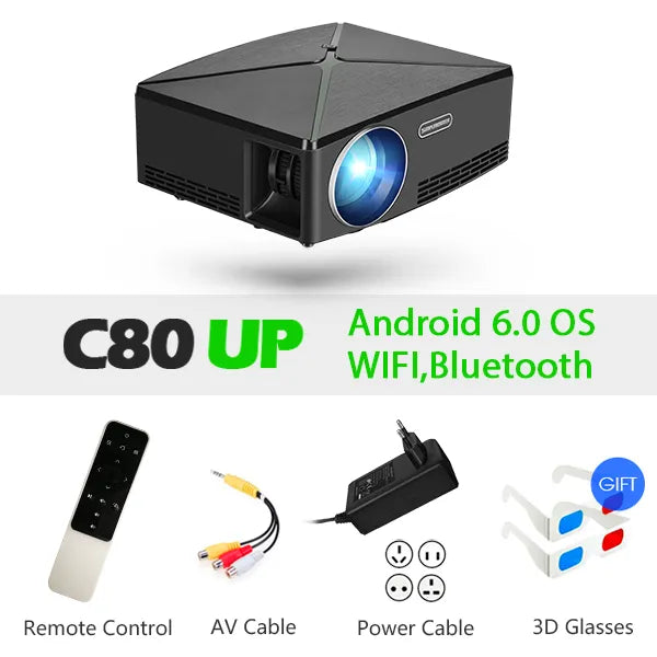 AUN MINI Projector C80 UP, 1280x720 Resolution, Android WIFI Proyector, LED Portable HD Beamer for Home Cinema, Optional C80 - Free Shipping - Aurelia Clothing