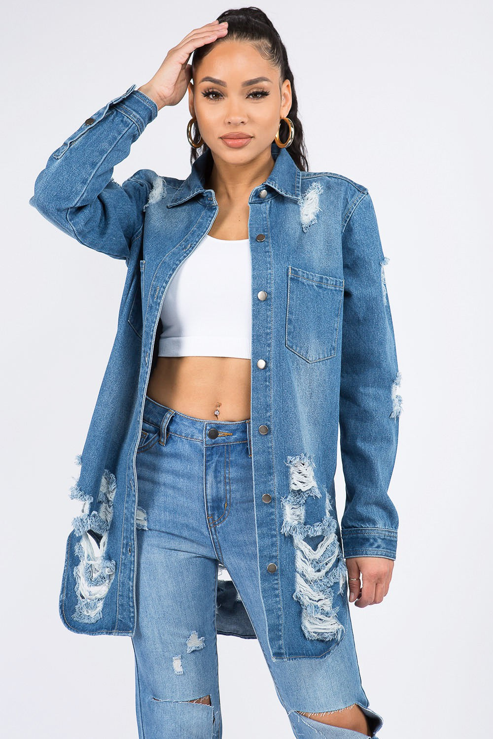 American Bazi Distressed Button Down Denim Shirt Jacket - Aurelia Clothing