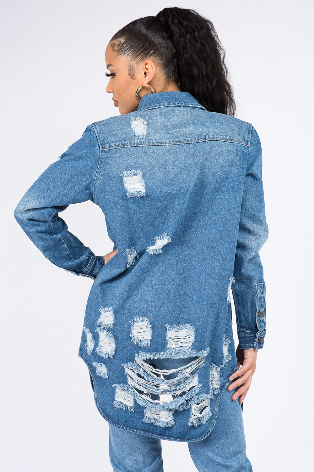 American Bazi Distressed Button Down Denim Shirt Jacket - Aurelia Clothing