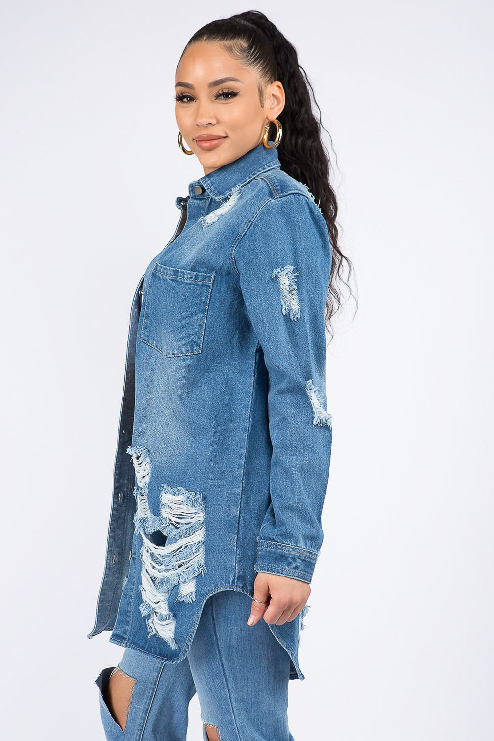 American Bazi Distressed Button Down Denim Shirt Jacket - Aurelia Clothing