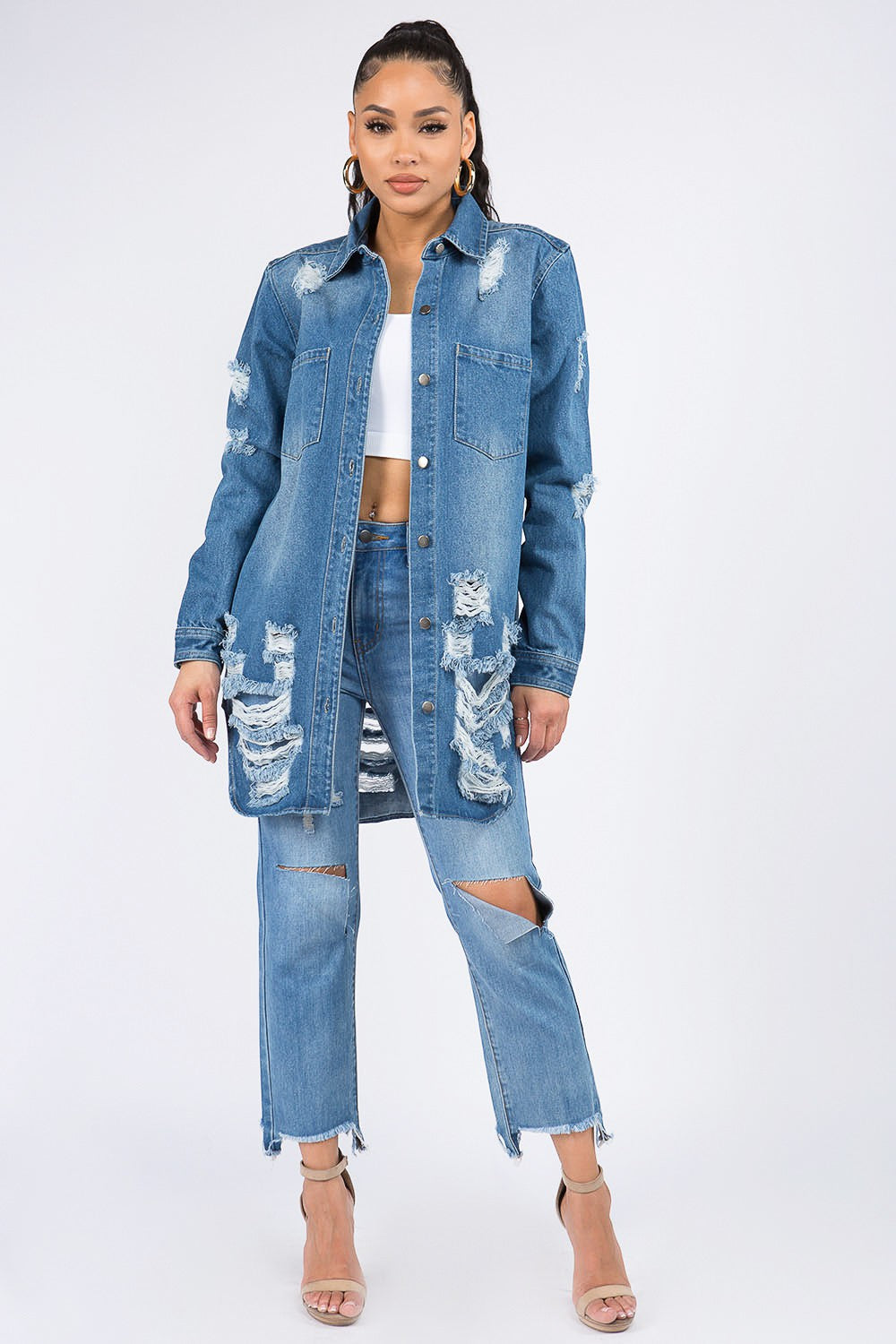 American Bazi Distressed Button Down Denim Shirt Jacket - Aurelia Clothing