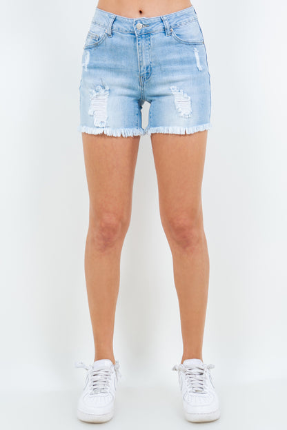 American Bazi High Waist Distressed Frayed Denim Shorts - Aurelia Clothing