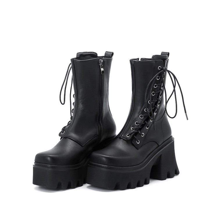 Autumn And Winter Lace Up Chunky High-Heeled Platform Ladies Short Boots Martin Boots - Free Shipping - Aurelia Clothing