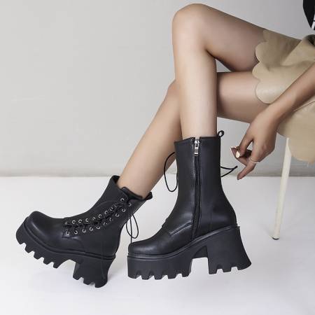 Autumn And Winter Lace Up Chunky High-Heeled Platform Ladies Short Boots Martin Boots - Free Shipping - Aurelia Clothing