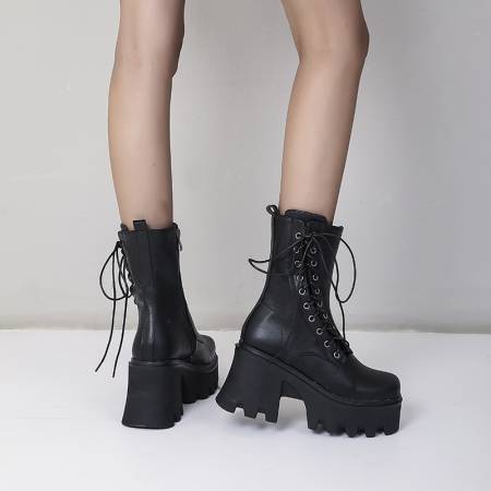 Autumn And Winter Lace Up Chunky High-Heeled Platform Ladies Short Boots Martin Boots - Free Shipping - Aurelia Clothing