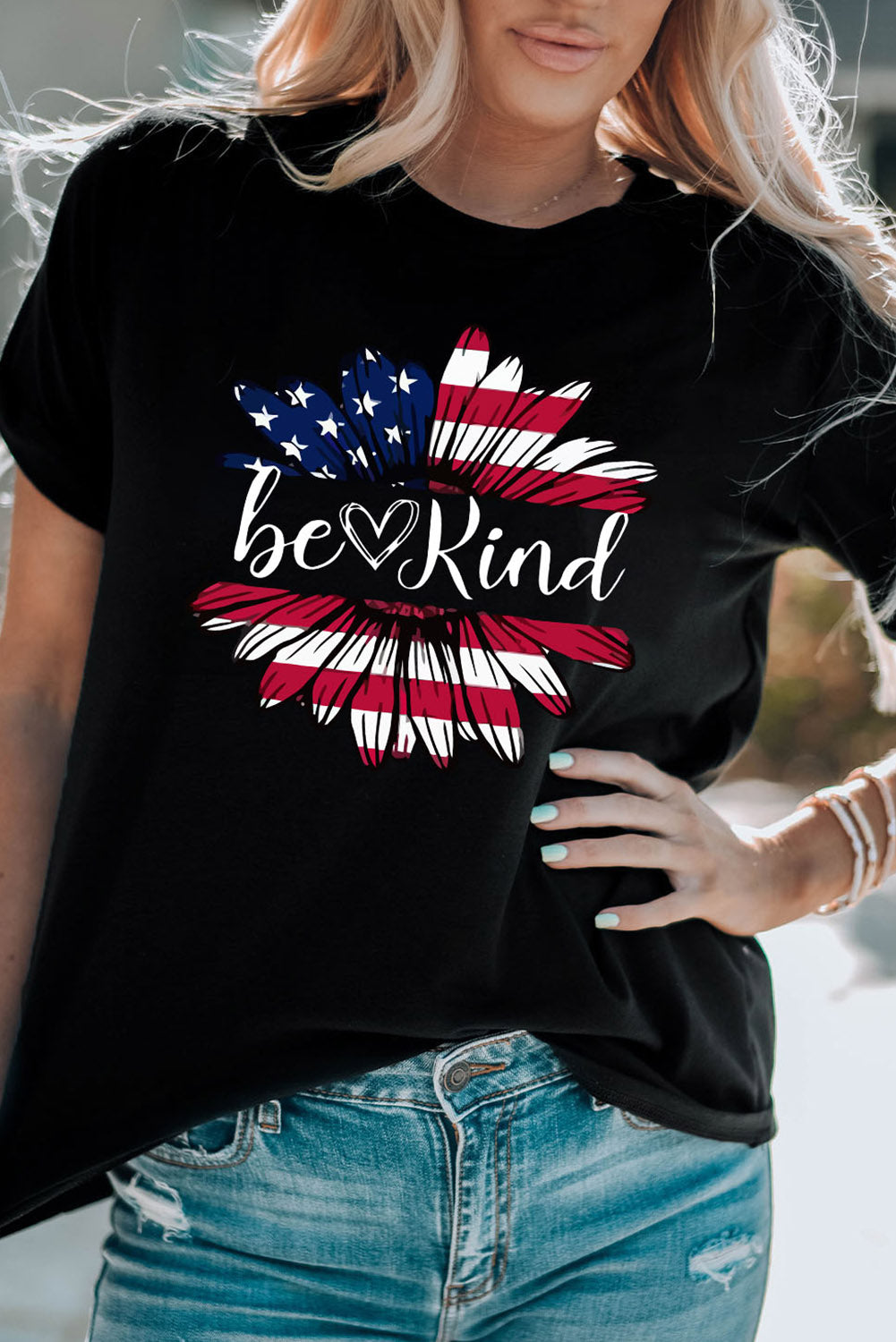 BE KIND US Flag Graphic Round Neck Tee - Aurelia Clothing