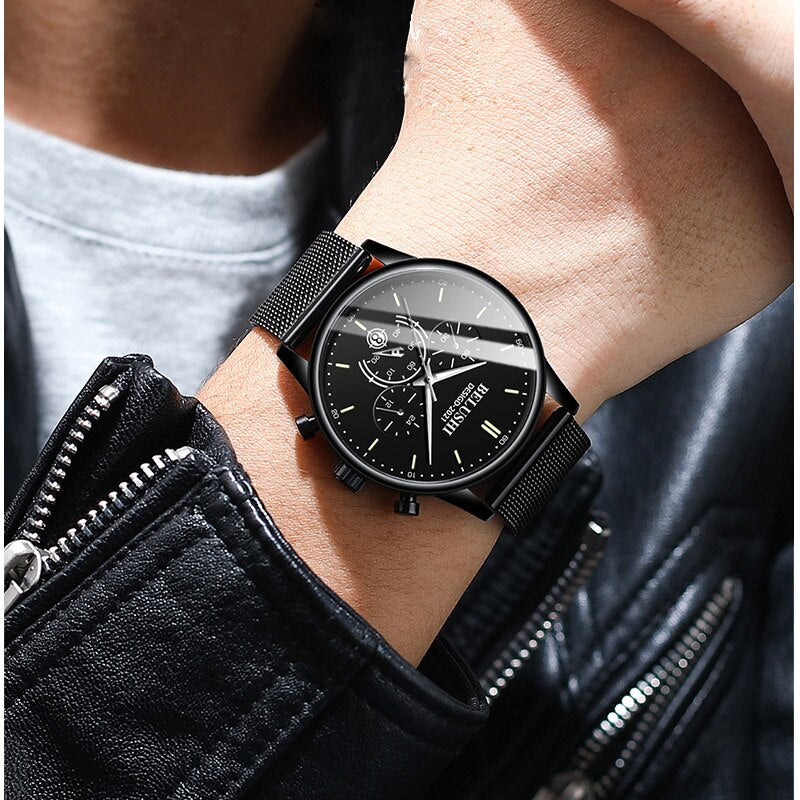 BELUSHI Watch Men Luxury Brand Famous Male Watch Black Watches Ultra Thin Milan Belt Stainless Steel Quartz Men Wrist Watch - Free Shipping - Aurelia Clothing