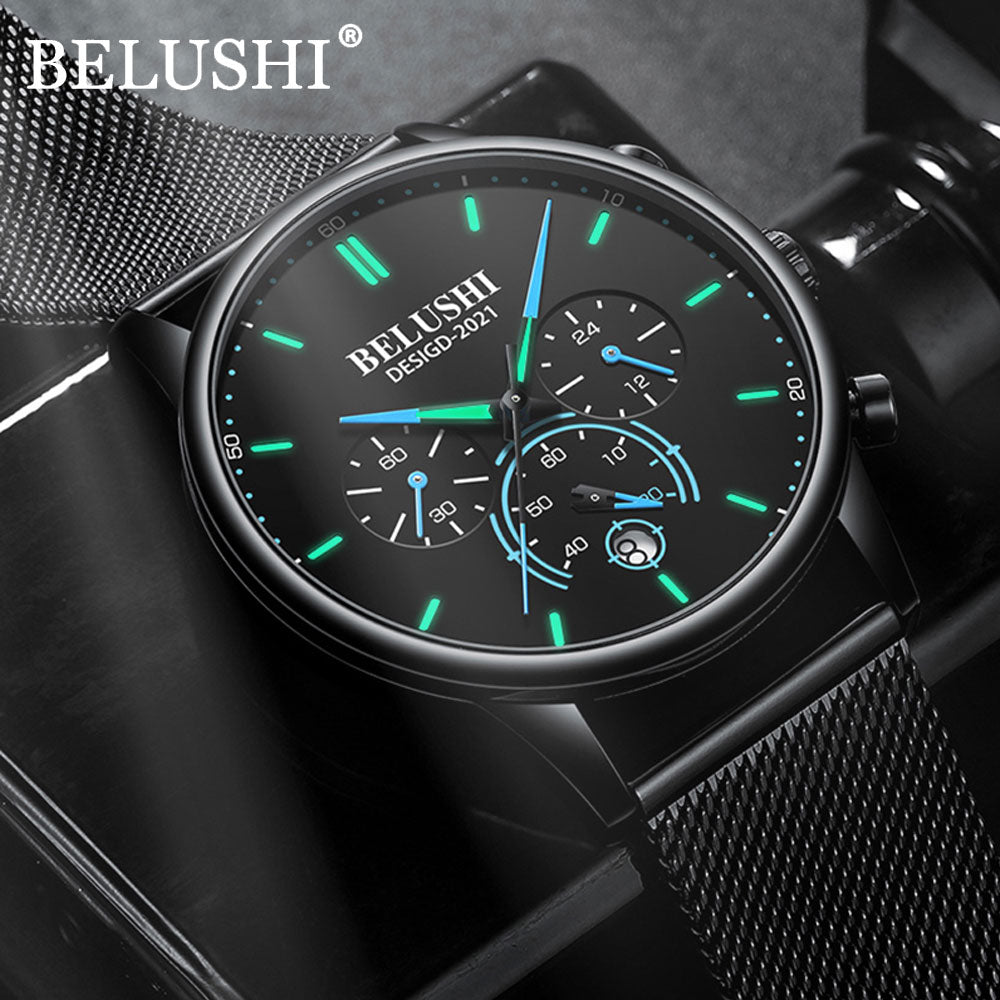 BELUSHI Watch Men Luxury Brand Famous Male Watch Black Watches Ultra Thin Milan Belt Stainless Steel Quartz Men Wrist Watch - Free Shipping - Aurelia Clothing