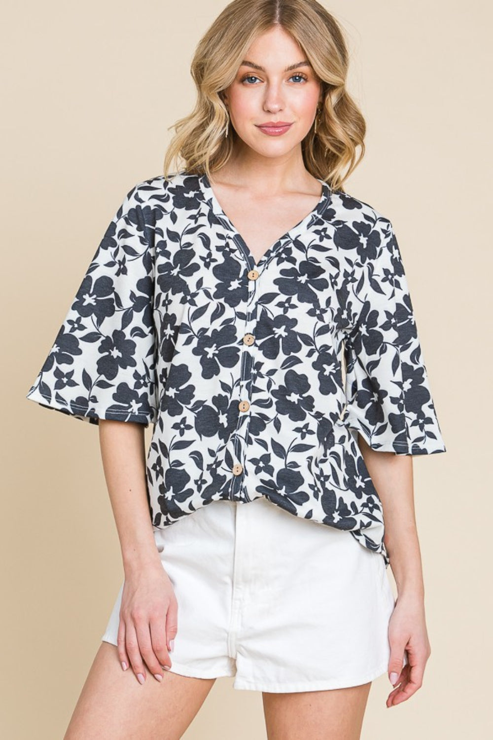 BOMBOM Floral Decorative Button V-Neck Top - Aurelia Clothing