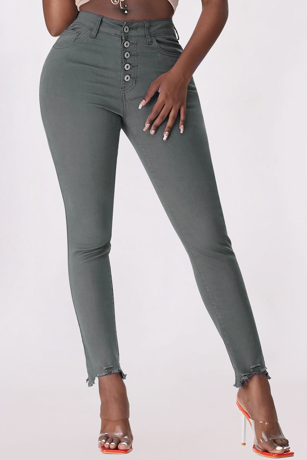 Baeful Button Fly Hem Detail Skinny Womens Jeans - Aurelia Clothing