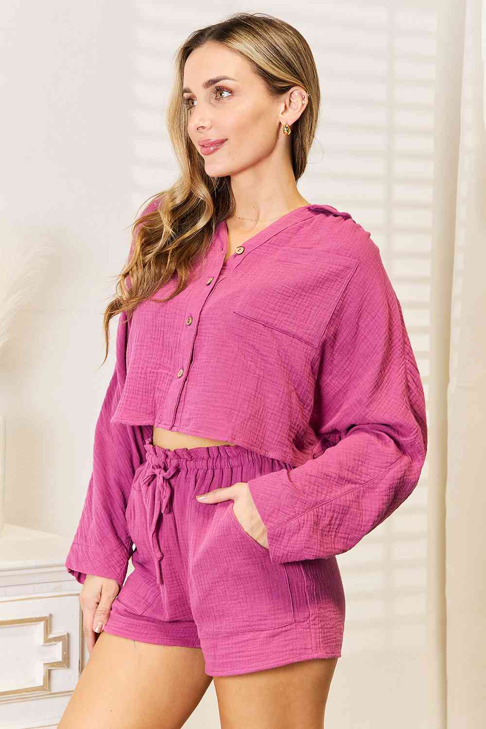 Basic Bae Buttoned Long Sleeve Top and Shorts Set - Aurelia Clothing