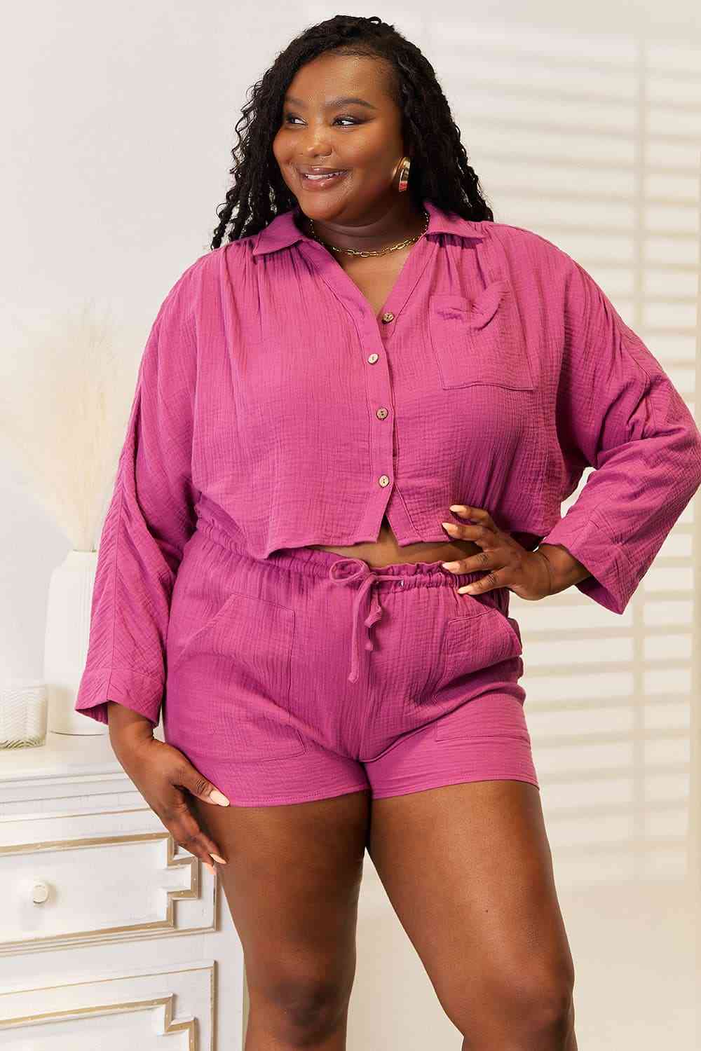 Basic Bae Buttoned Long Sleeve Top and Shorts Set - Aurelia Clothing