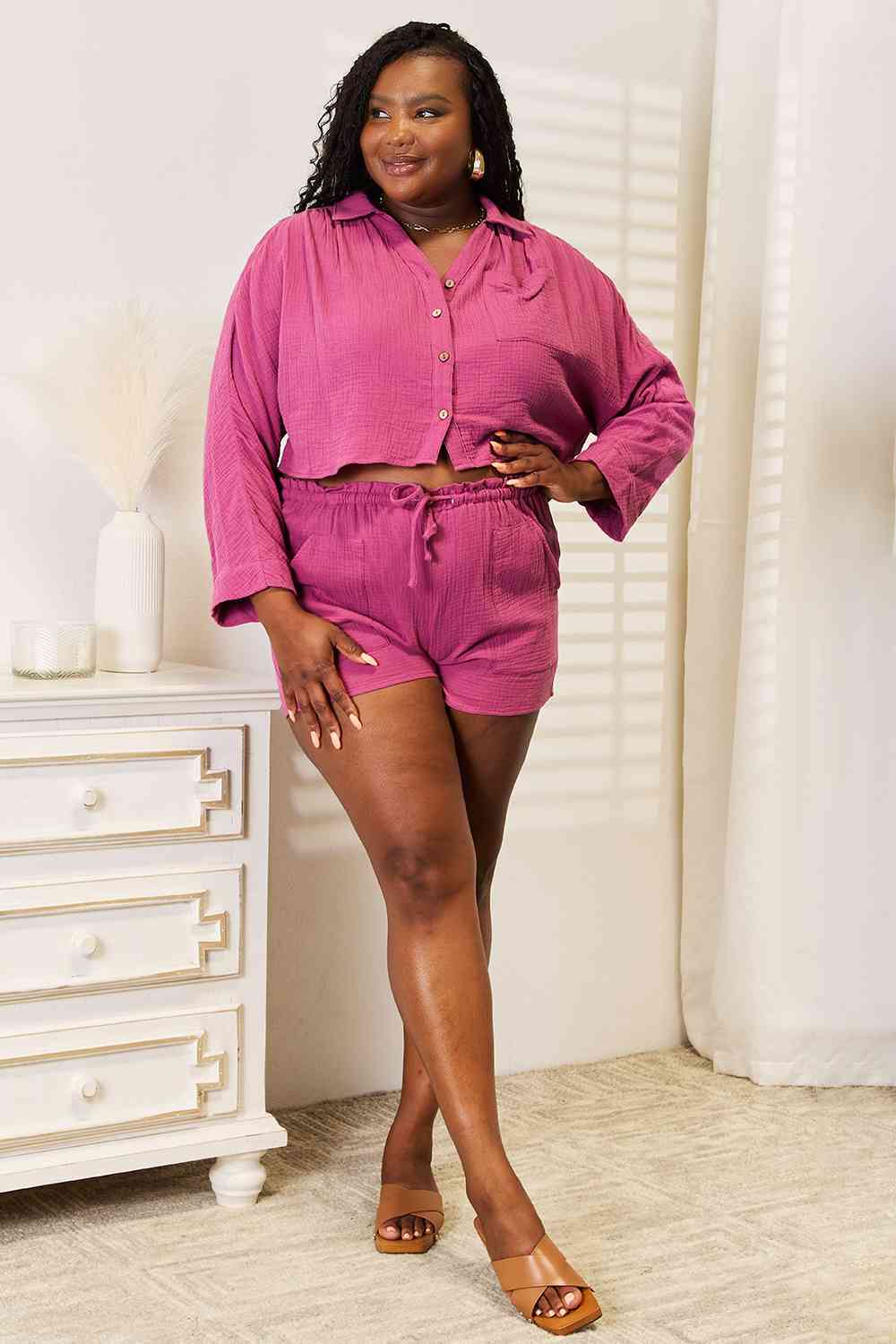 Basic Bae Buttoned Long Sleeve Top and Shorts Set - Aurelia Clothing