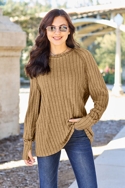 Basic Bae Full Size Ribbed Round Neck Long Sleeve Knit Top - Aurelia Clothing