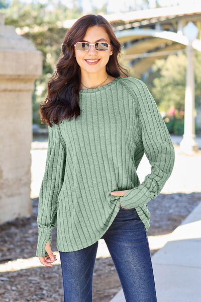 Basic Bae Full Size Ribbed Round Neck Long Sleeve Knit Top - Aurelia Clothing