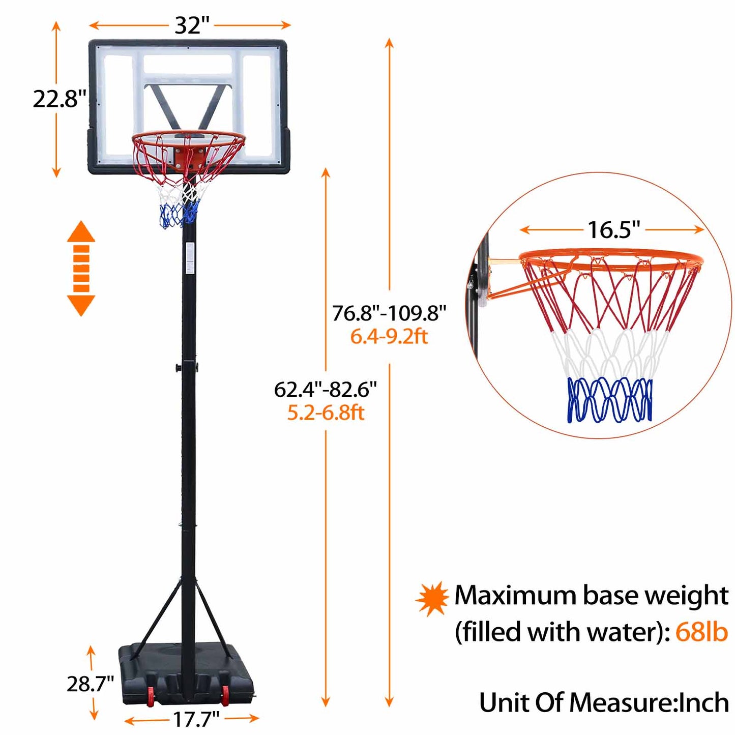 Basketball Hoop Outdoor 5.2 Ft to 6.8Ft Adjustable Basketball Goal with 32 - Free Shipping - Aurelia Clothing