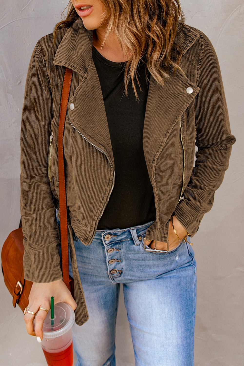 Belted Zip-Up Corduroy Womens Jacket - Aurelia Clothing