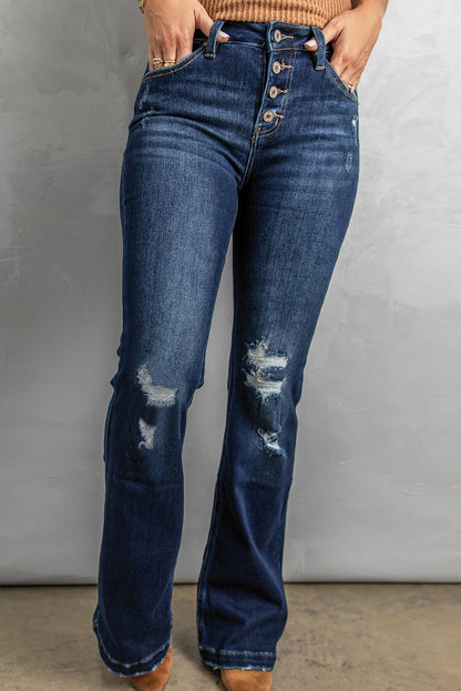 Button Fly Distressed Bootcut Womens Jeans - Aurelia Clothing