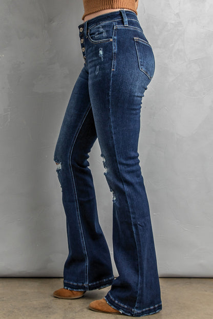 Button Fly Distressed Bootcut Womens Jeans - Aurelia Clothing