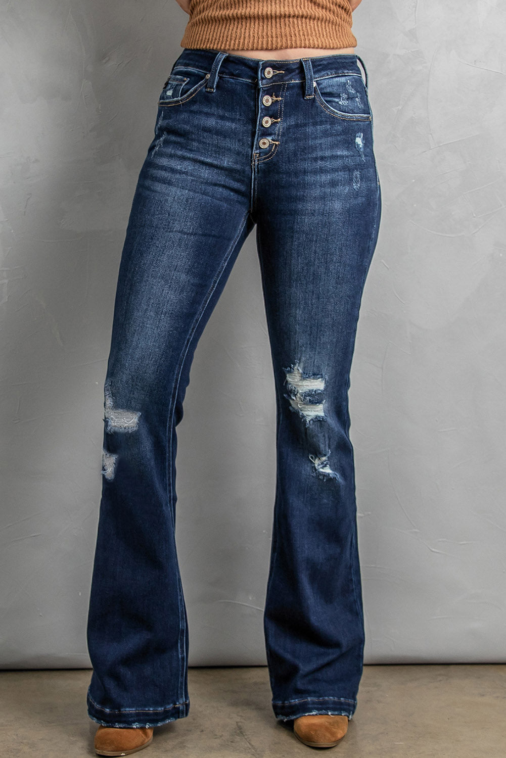 Button Fly Distressed Bootcut Womens Jeans - Aurelia Clothing