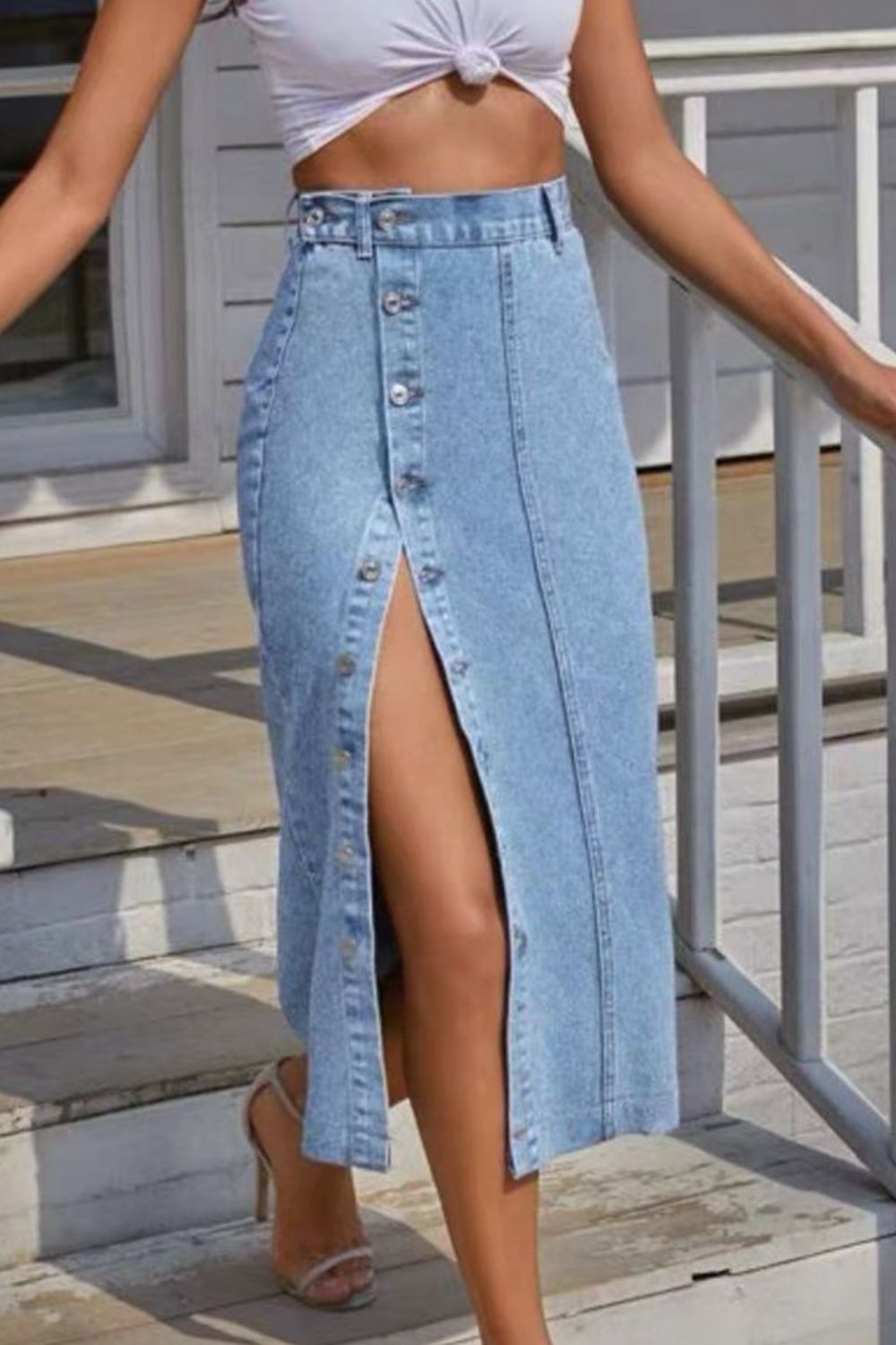 Button Fly Split Denim Skirt - Aurelia Clothing