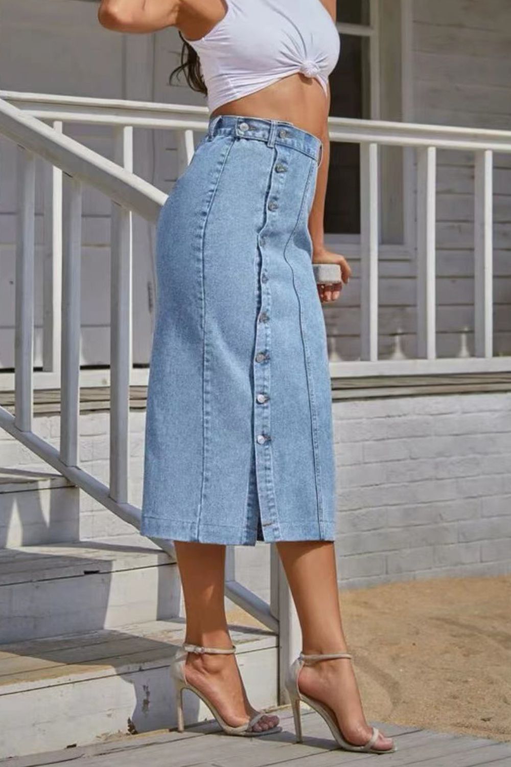 Button Fly Split Denim Skirt - Aurelia Clothing