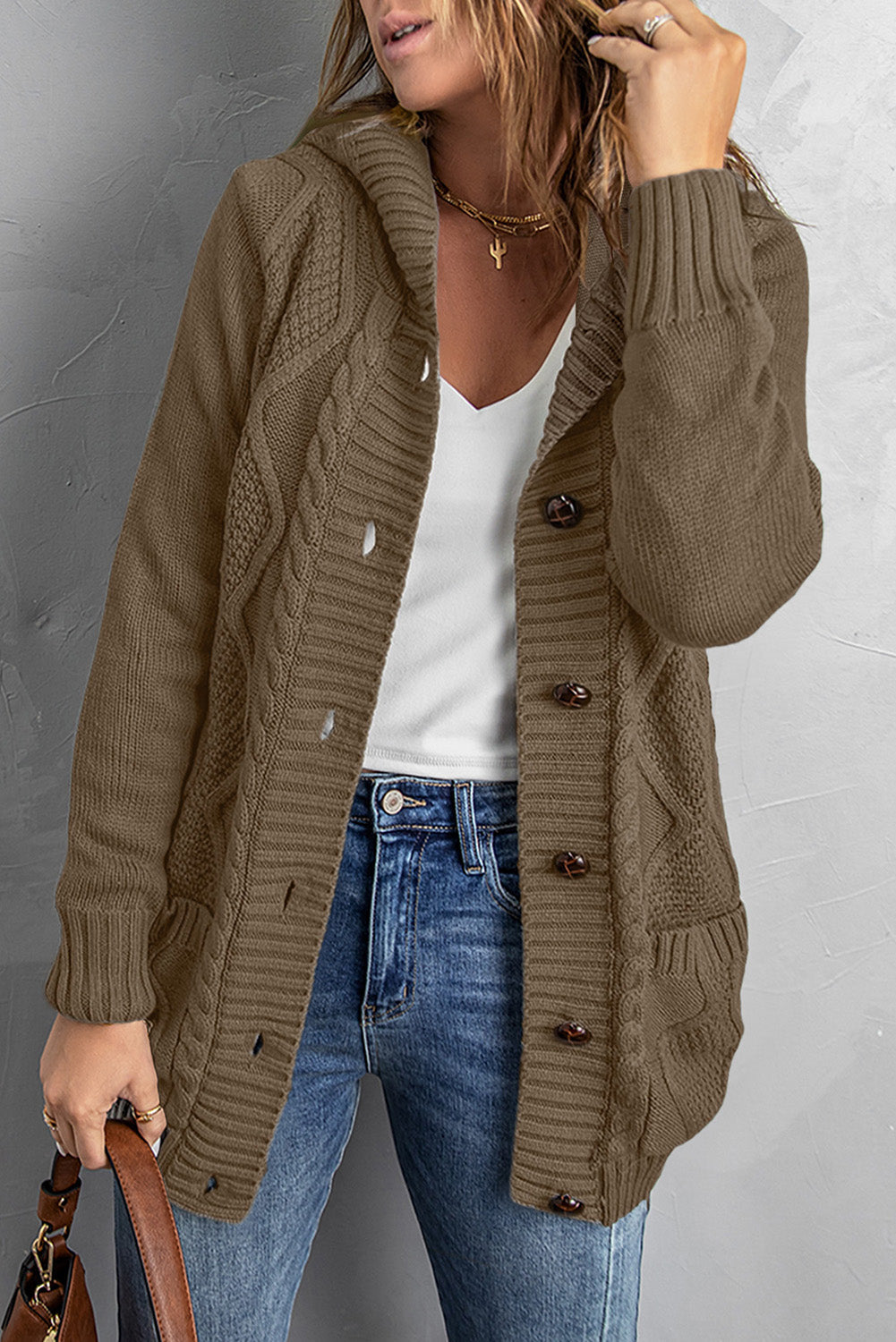 Button Front Hooded Cardigan with Pockets - Aurelia Clothing