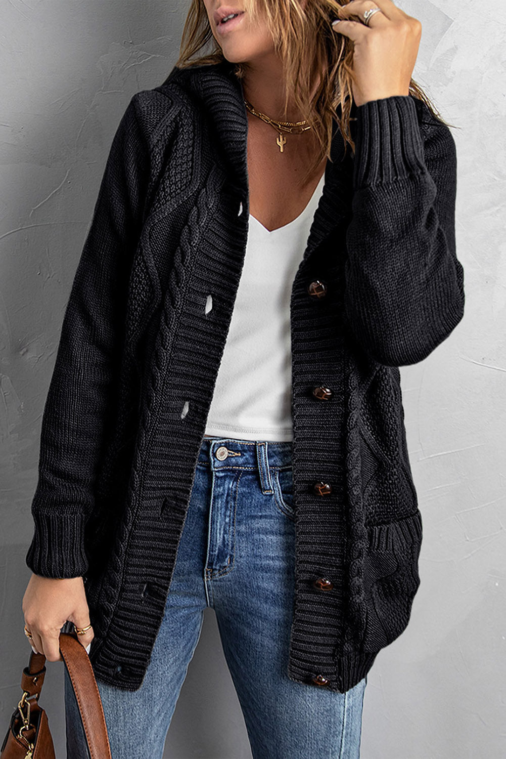 Button Front Hooded Cardigan with Pockets - Aurelia Clothing