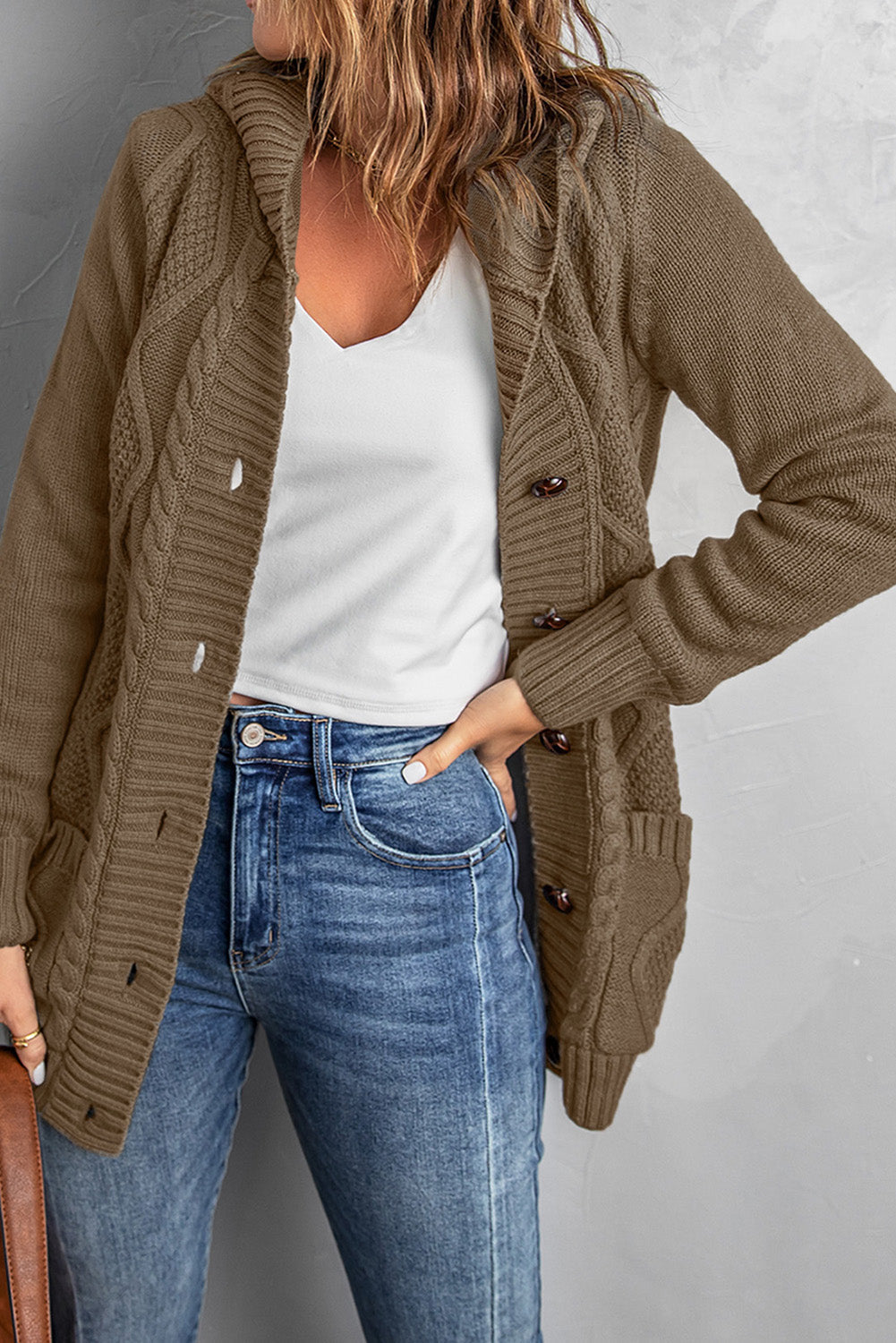 Button Front Hooded Cardigan with Pockets - Aurelia Clothing