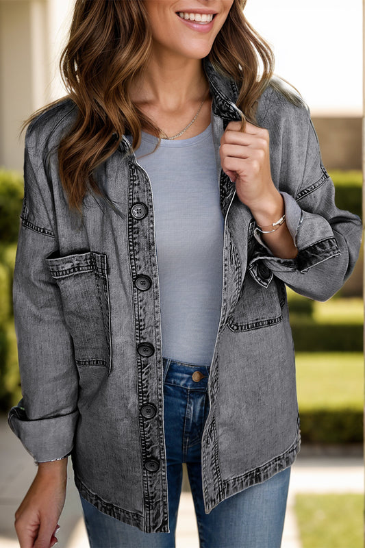 Button Up Long Sleeve Denim Jacket - Free Shipping - Aurelia Clothing