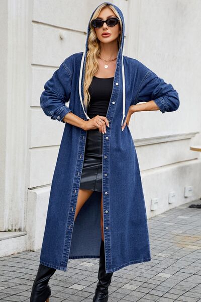 Button Up Long Sleeve Longline Hooded Denim Outerwear - Aurelia Clothing