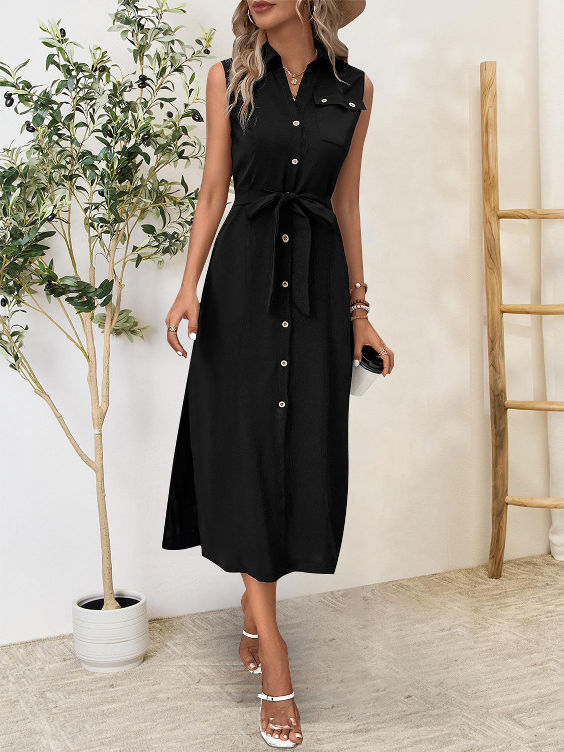 Button Up Sleeveless Midi Dress - Aurelia Clothing