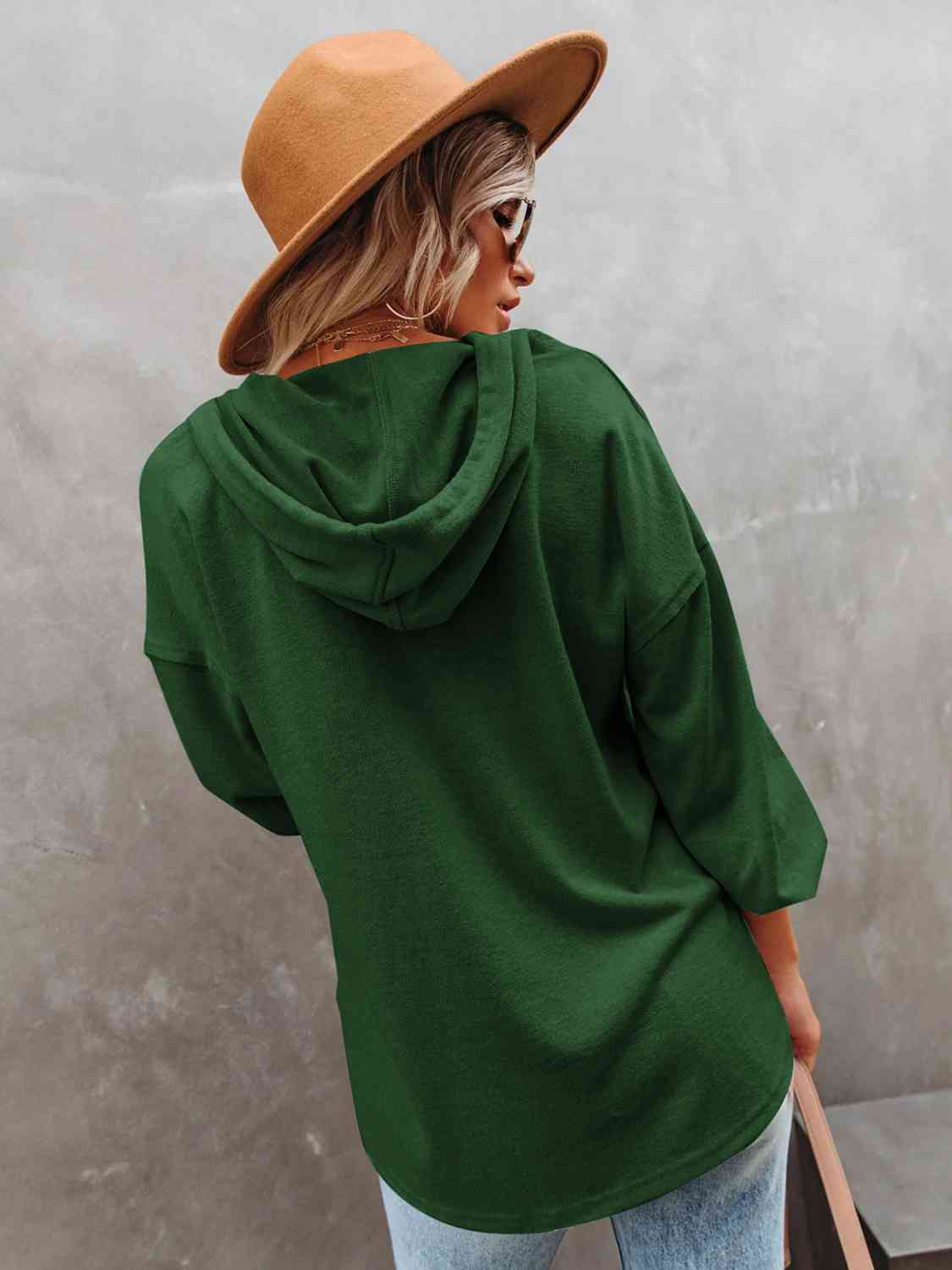 Buttoned Drop Shoulder Hoodie - Aurelia Clothing