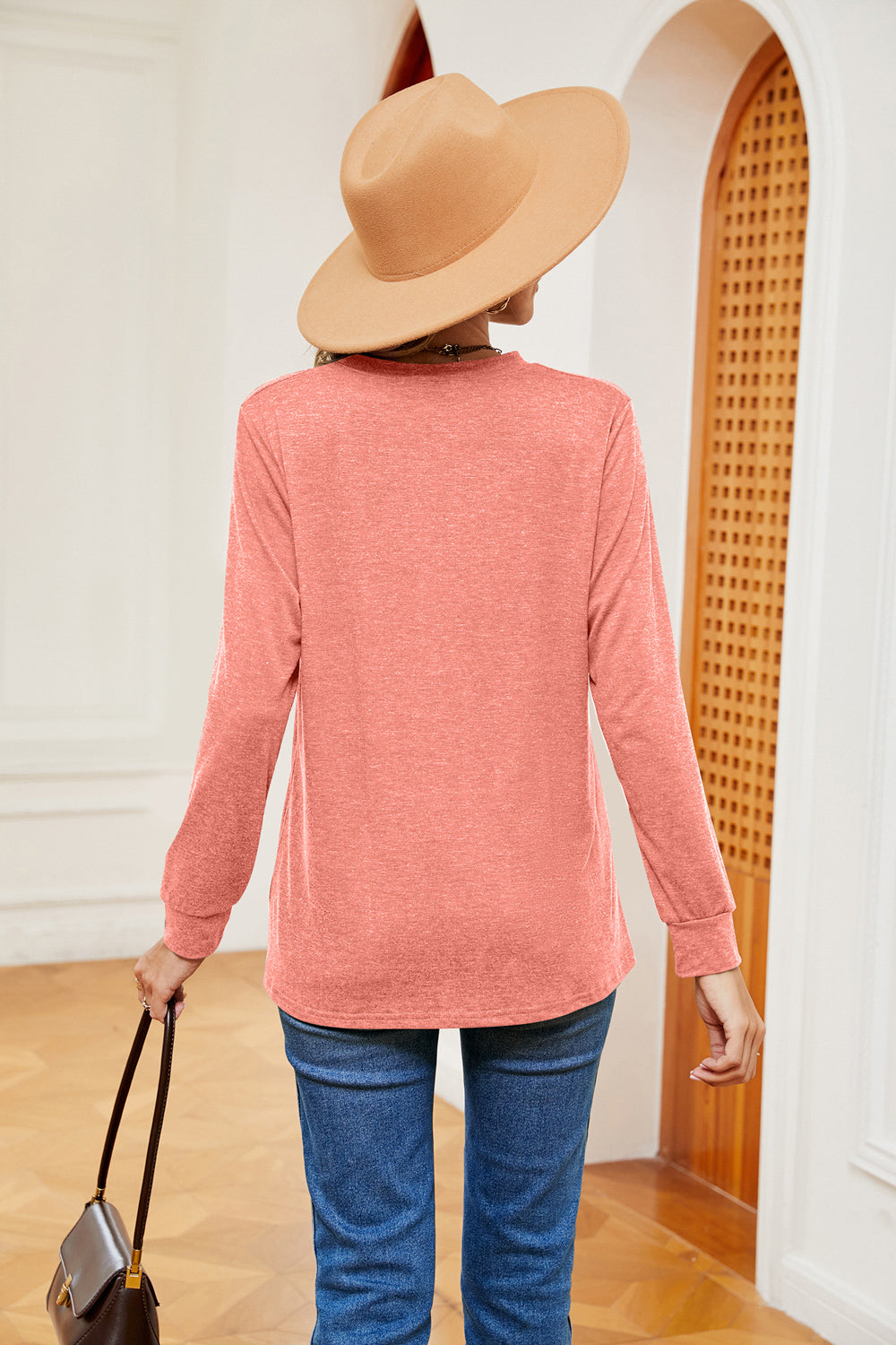 Buttoned Notched Neck Long Sleeve Top - Aurelia Clothing