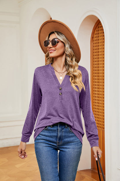 Buttoned Notched Neck Long Sleeve Top - Aurelia Clothing